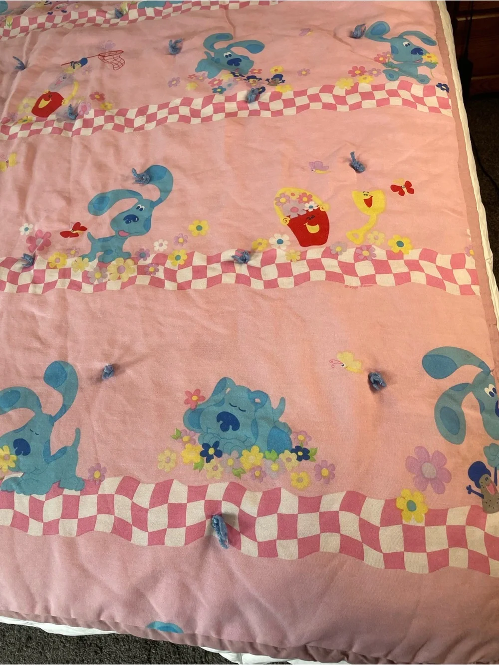 Vtg 90s Blues Clues Pink Hand-Tied Twin Quilt Blanket 84x59 As-Is Upcycled